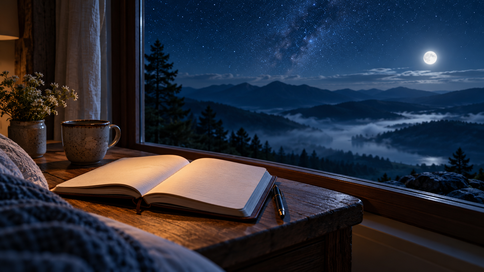 Open dream journal beside a window overlooking moonlit mountains and stars